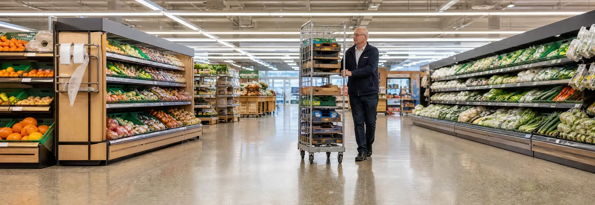 A supermarket colleague wheeling a cage of stock along the fresh produce aisle.