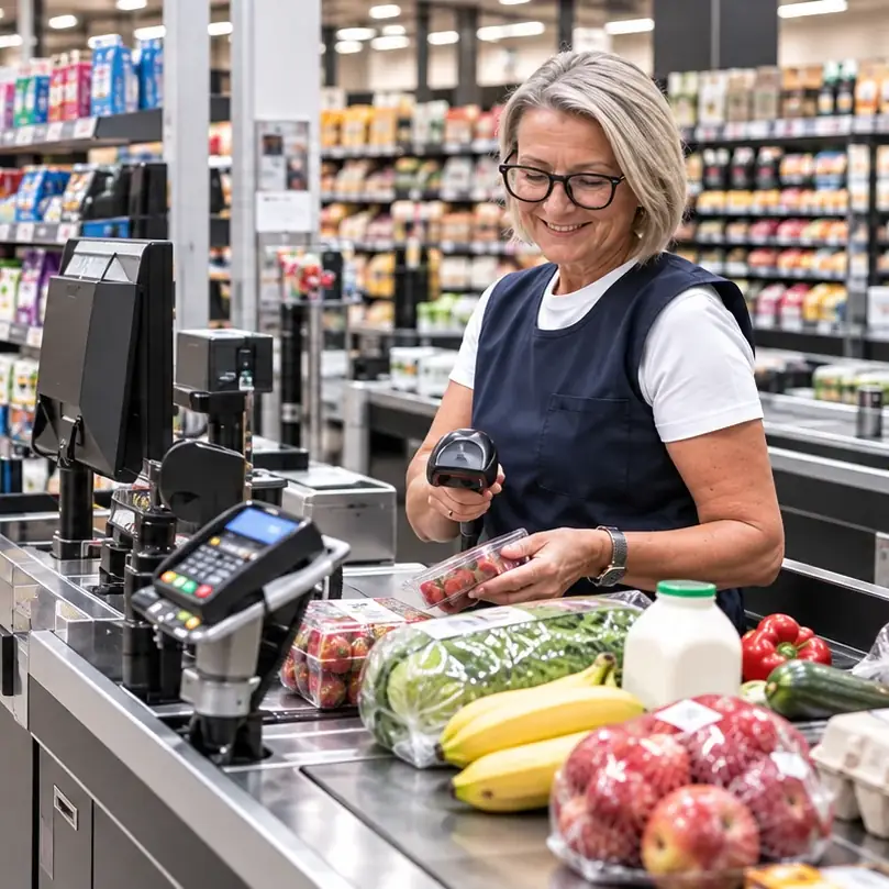A supermarket worker scanning groceries at a checkout.